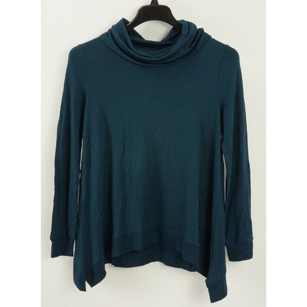 New adyp Women's Small Dark Teal Tight Knit Light Modal Ribbed Cowl Neck Sweater